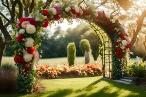 a beautiful archway with red and white flowers. AI-Generated photo