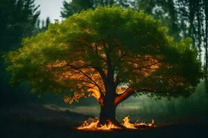 a tree with flames coming out of it in the dark. AI-Generated photo