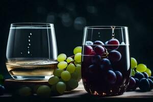 two glasses of wine and grapes on a table. AI-Generated photo