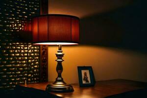 a lamp on a table in front of a picture. AI-Generated photo