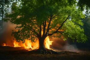 a tree is burning in the forest. AI-Generated photo