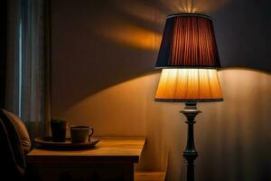 a lamp is on a table next to a cup. AI-Generated photo