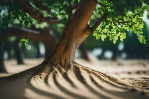 a tree with its roots in the sand. AI-Generated photo