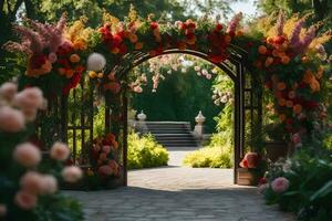 an archway with flowers and plants in the background. AI-Generated photo