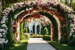 a walkway with flowers and archway. AI-Generated photo