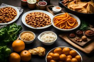 various foods including waffles, fries, and other foods. AI-Generated photo