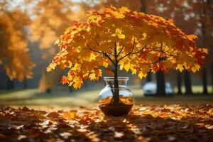 a vase with a maple tree in the middle of autumn leaves. AI-Generated photo