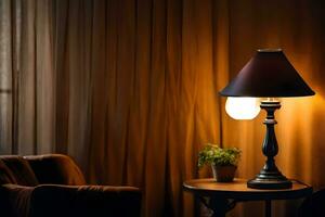 a lamp on a table in front of a curtain. AI-Generated photo