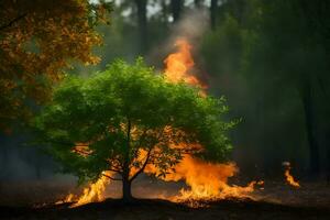 a tree is burning in the forest. AI-Generated photo