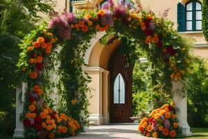 un arco con flores y verdor en frente de un edificio. generado por ai foto