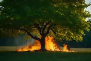 a tree with fire coming out of it in the middle of a field. AI-Generated photo