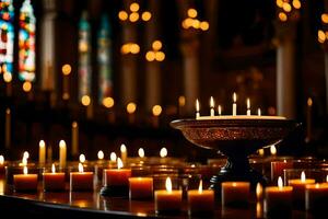 velas son iluminado en un Iglesia con velas en el antecedentes. generado por ai foto