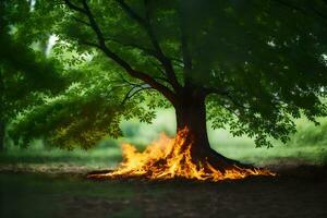 a tree with flames coming out of it in the middle of the forest. AI-Generated photo