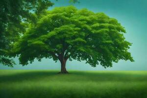 un árbol en un campo con verde césped. generado por ai foto