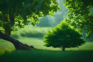 a lone tree in a green field. AI-Generated photo