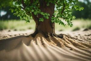 un árbol con raíces creciente fuera de el arena. generado por ai foto