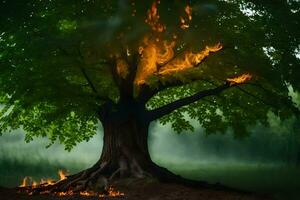 un árbol con llamas viniendo fuera de él. generado por ai foto