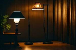 two lamps are lit up in a dark room. AI-Generated photo