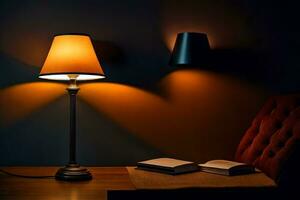 a lamp and a book on a table. AI-Generated photo