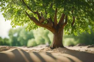 a tree in the desert with sand and trees. AI-Generated photo