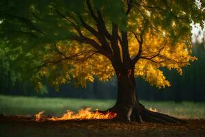 photo wallpaper the ground, fire, the tree, the grass, the grass, the grass,. AI-Generated