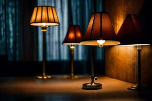 three lamps are sitting on a table. AI-Generated photo