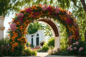 a colorful archway decorated with flowers in front of a building. AI-Generated photo