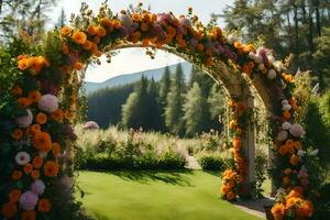 an archway decorated with orange flowers and green grass. AI-Generated photo