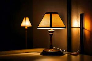 a lamp on a table in a dark room. AI-Generated photo