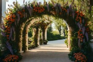 a walkway with an archway decorated with orange and purple flowers. AI-Generated photo