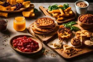 un mesa con varios comidas incluso pan, queso, y otro alimentos generado por ai foto