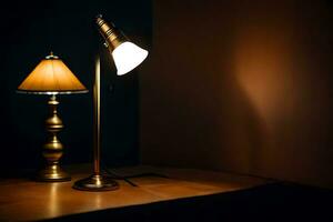 a lamp and a table in a dark room. AI-Generated photo