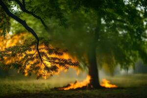 a tree is burning in the middle of a field. AI-Generated photo