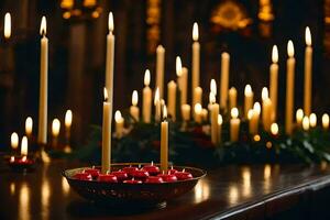 candles are lit in a church with candles and red candles. AI-Generated photo