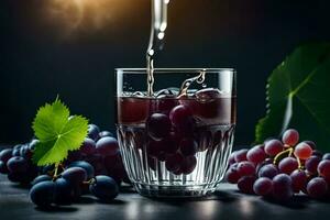 a glass of water with grapes and leaves. AI-Generated photo