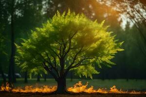 a tree with flames in the background. AI-Generated photo