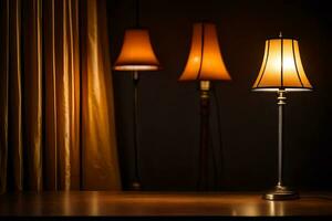 three lamps on a table in front of curtains. AI-Generated photo