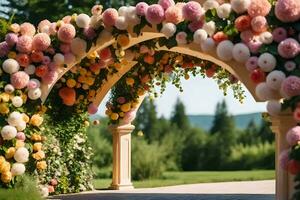 un Boda arco decorado con rosado y amarillo flores generado por ai foto