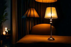 a lamp is on a table in a dark room. AI-Generated photo