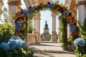 a wedding arch with flowers and a statue. AI-Generated photo