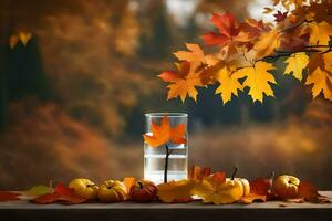 autumn leaves, pumpkins and a glass of water are arranged on a table. AI-Generated photo