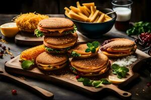 a bunch of hamburgers and french fries on a cutting board. AI-Generated photo