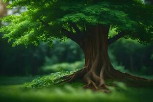 un árbol con raíces en el césped. generado por ai foto