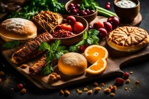 a variety of food on a wooden cutting board. AI-Generated photo