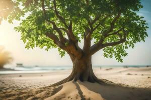 a tree on the beach with the sun shining through. AI-Generated photo