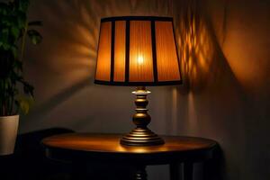 a lamp on a table in the dark. AI-Generated photo