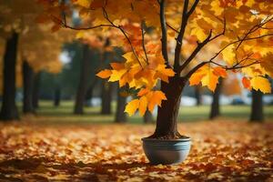 a tree in a pot on the ground surrounded by autumn leaves. AI-Generated photo