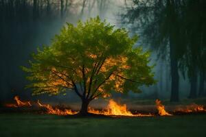 a tree is burning in the middle of a field. AI-Generated photo