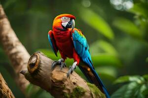 a colorful parrot sits on a branch in the forest. AI-Generated photo