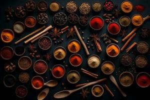 various spices and herbs in bowls on a black background. AI-Generated photo